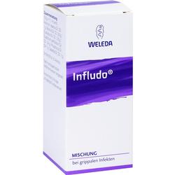 Weiße Medikamentenverpackung mit lila Streifen und der Aufschrift „Infludo“.