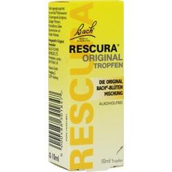 Gelbes Verpackung mit Bach-Rescura-Tropfen ohne Alkohol, 10 ml.